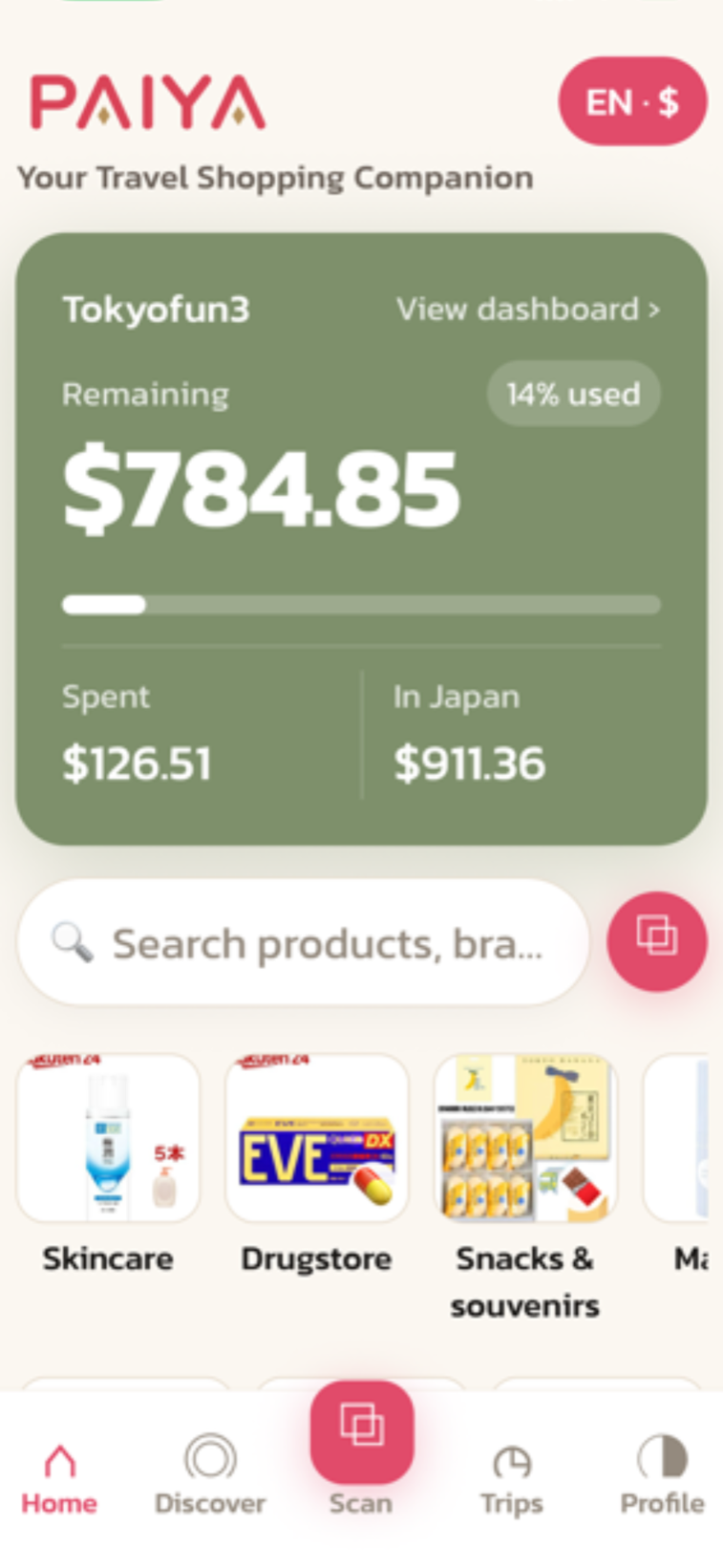 PAIYA trip budget shown in US dollars