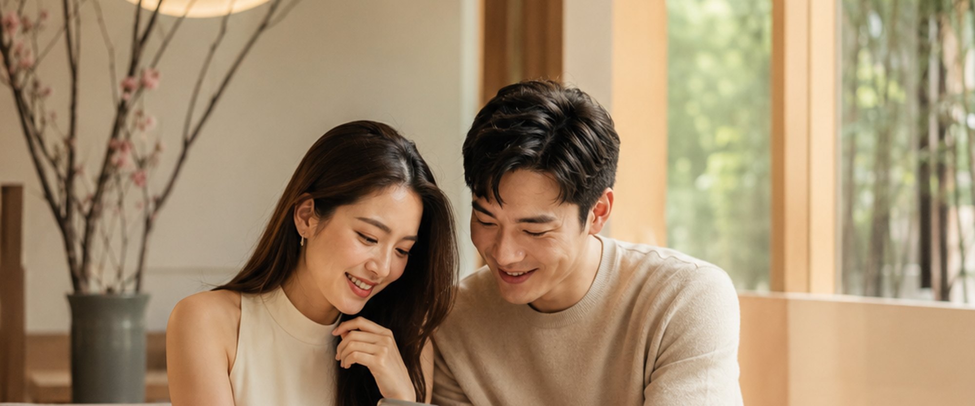 คู่รักนั่งพักดูของที่ช้อปมาด้วยกันที่ญี่ปุ่น