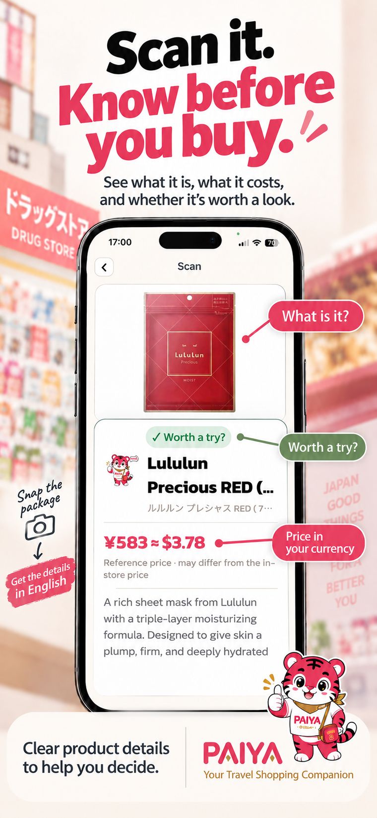 Scan result: what the product is, whether it is worth a try, and the price in your own currency